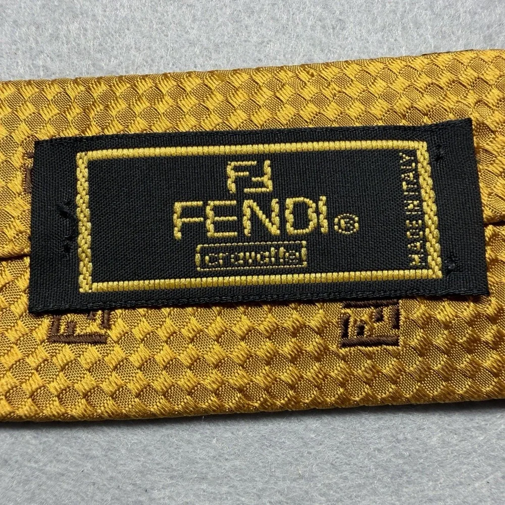 Vintage Fendi Men's Woven 100% Silk Tie Gold Geometric Pattern Logo Accent